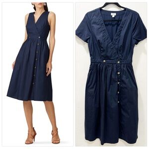 J. Crew Women's 4 Rosina Button Front Waisted Poplin Navy Blue Dress